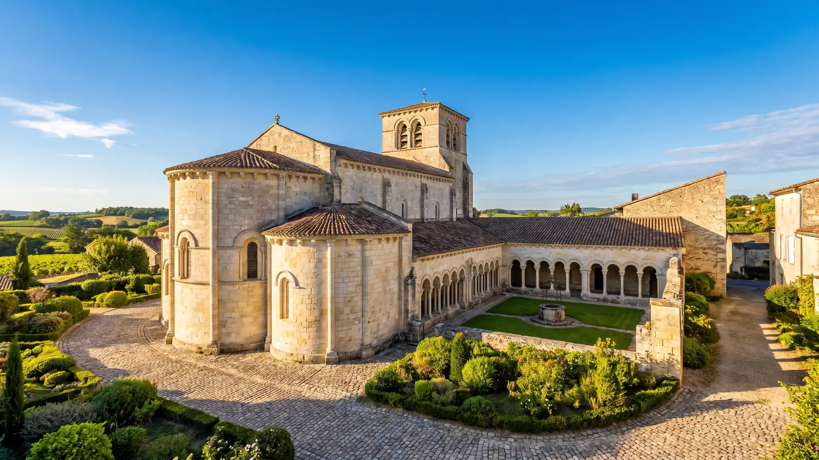 Una iglesia románica y gótica de piedra, flanqueada por un claustro con columnas y arcos de medio punto, que rodea un jardín