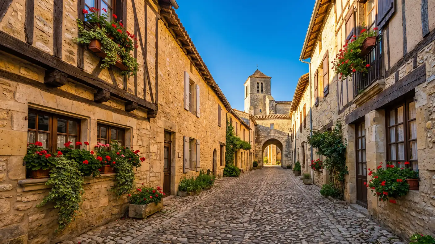 Una callejuela empedrada medieval flanqueada por casas de piedra en Gironda, con un pasaje abovedado y un campanario al final, y flores en las ventanas