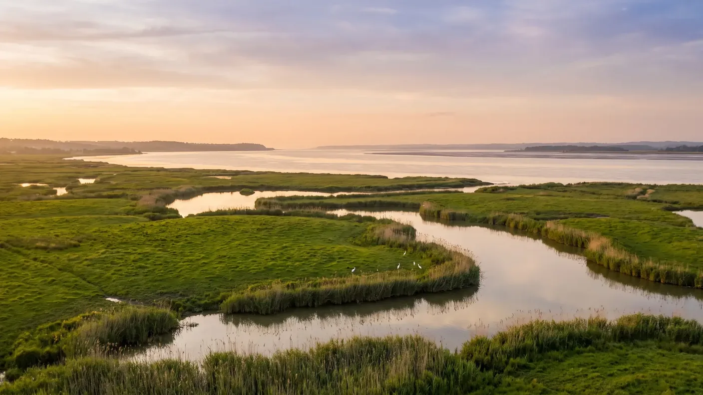 Marismas y praderas húmedas serpenteantes a orillas del estuario de la Gironda, en Charente-Maritime, canales y cañaverales