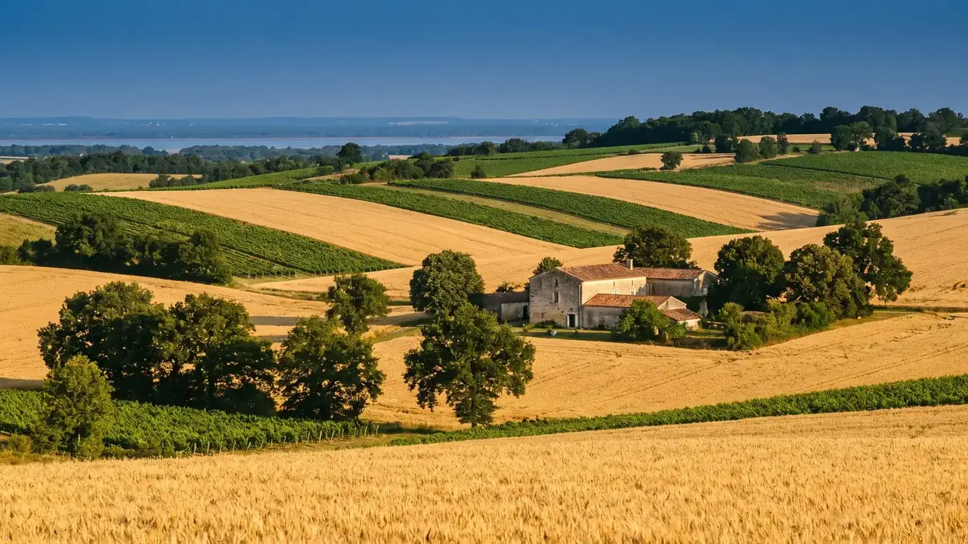 Un mosaico de campos de cereales dorados y viñedos en las colinas onduladas de Charente-Maritime