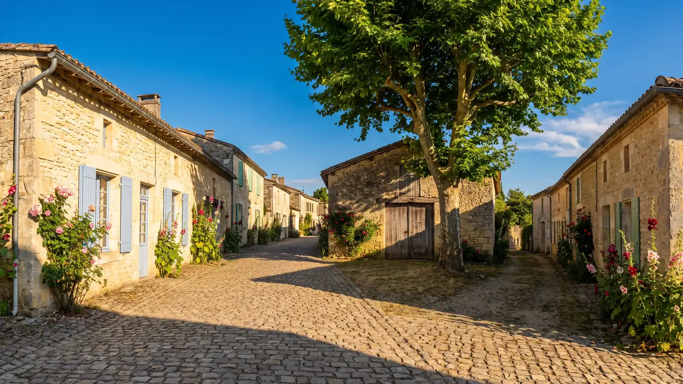 Una callejuela de un pueblo de piedra de la región de Entre-deux-Mers, con casas bajas de piedra caliza clara, contraventanas en tonos pastel y malvas