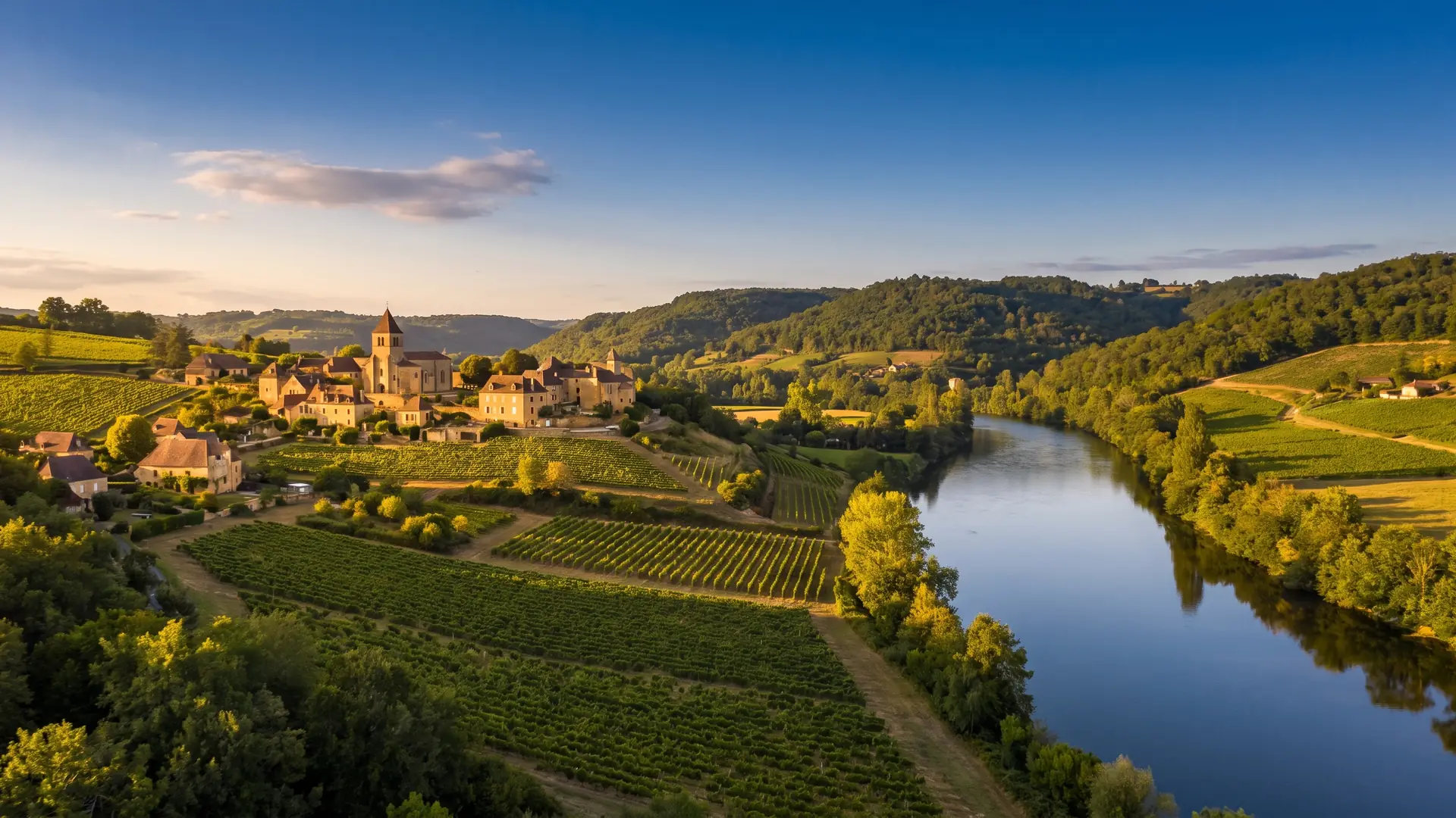 El valle del Dordoña, cerca de Castillon: un río tranquilo que bordea las laderas cubiertas de viñedos al atardecer