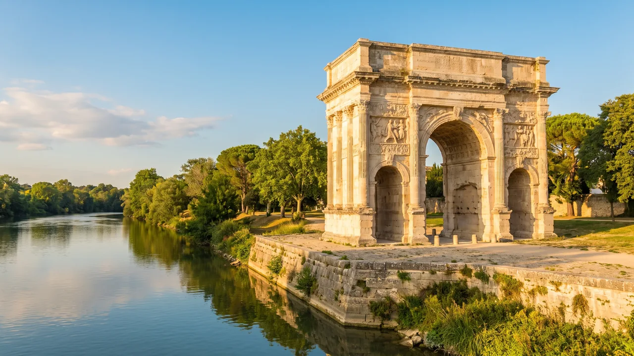 El arco romano de Saintes, de piedra clara, situado en un muelle; dos arcos y esculturas deterioradas