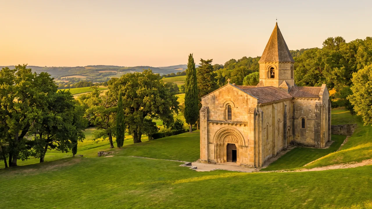 La abadía románica de Abbaye aux Dames de Saintes, de piedra dorada, con pórtico esculpido y campanario