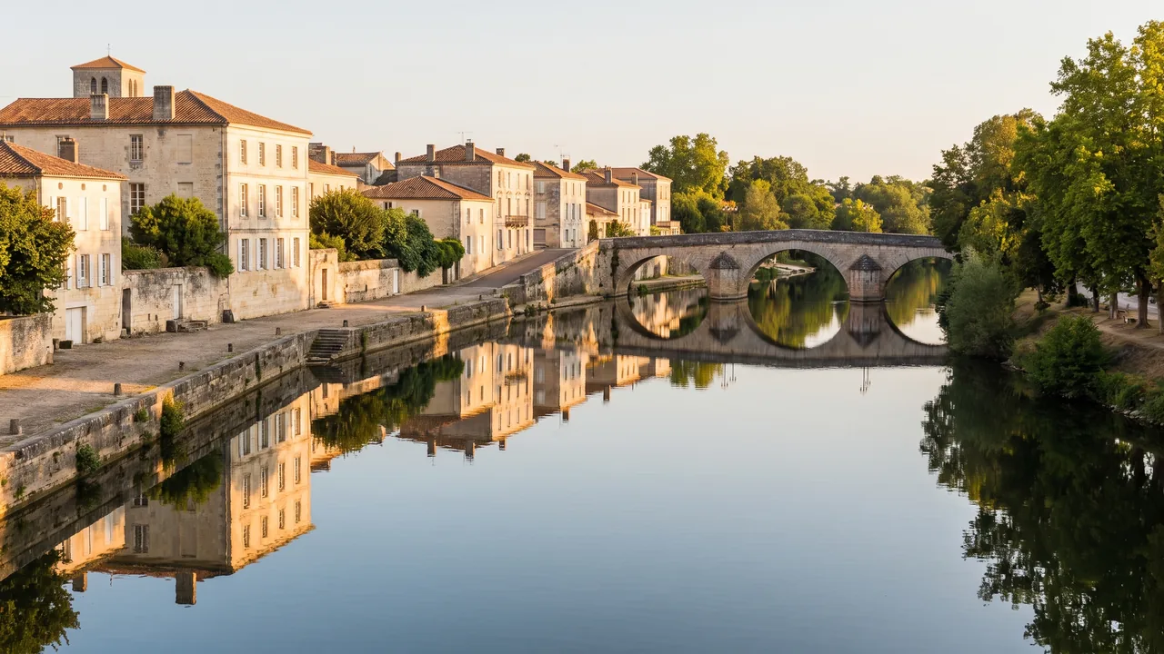 Los muelles del río Charente en Saintes, casas de piedra clara que se reflejan en el agua tranquila y un puente en arco
