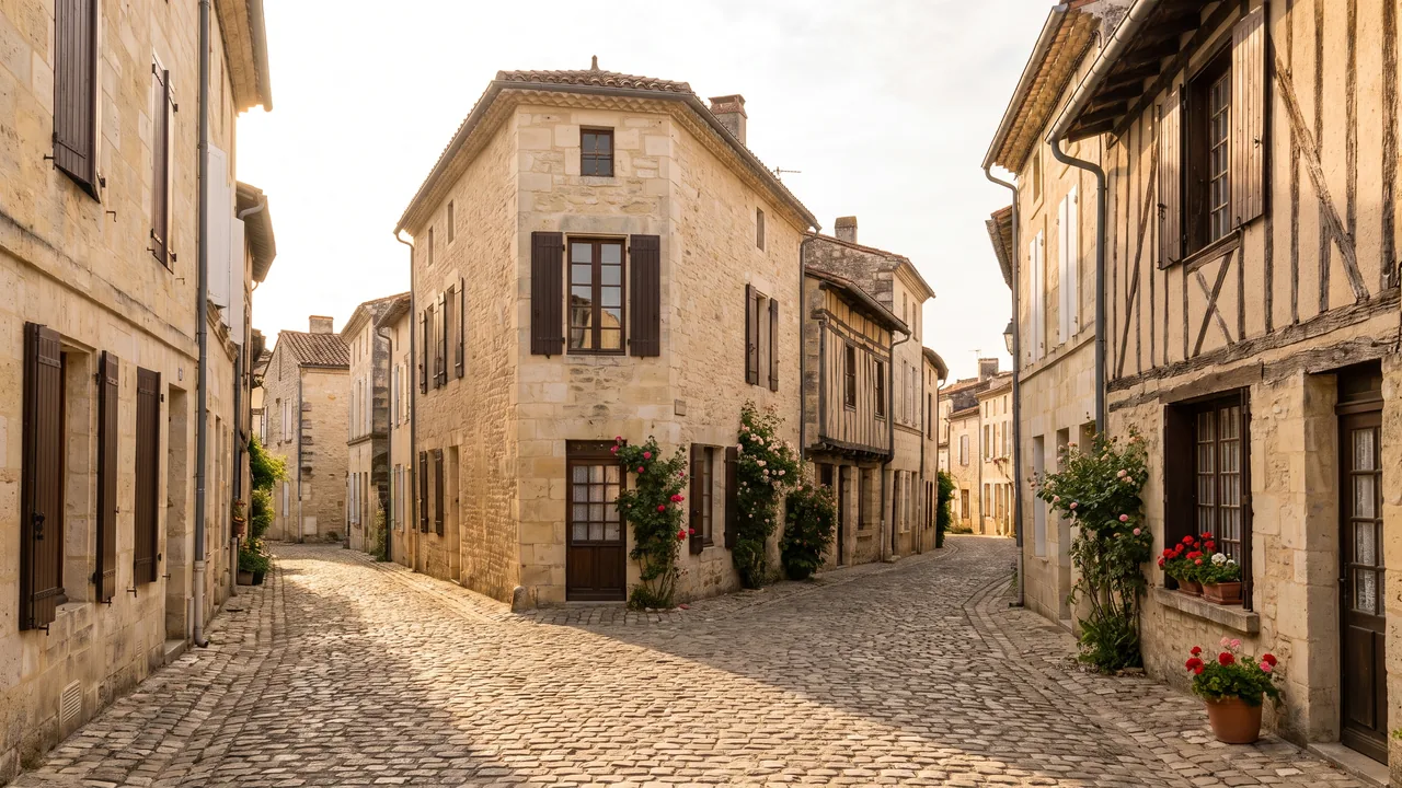 Callejuela empedrada del casco antiguo de Saintes, casas de piedra clara y algunas fachadas con entramado de madera