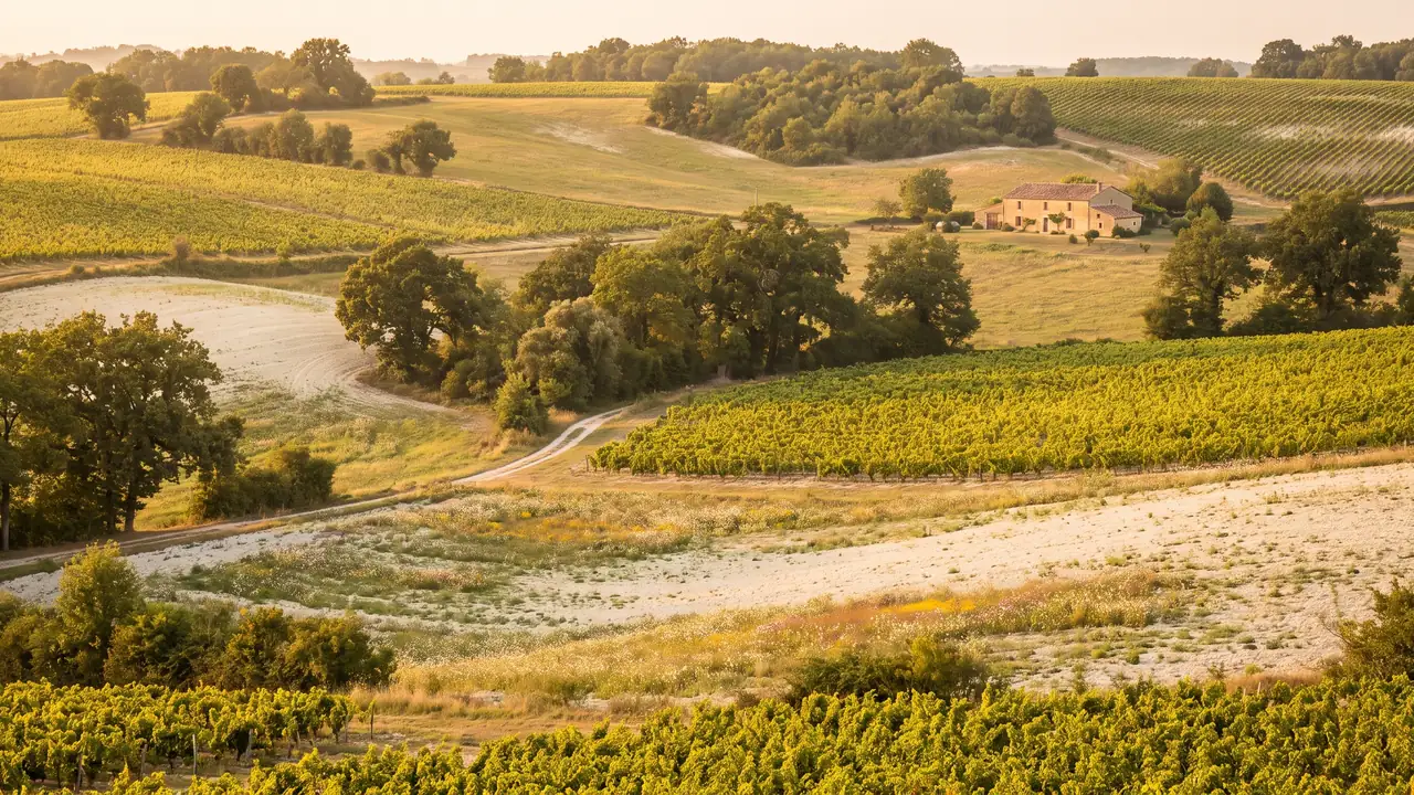 Campiña ondulada de Saintonge, viñedos y campos de tierra clara, bosquecillos y una granja de piedra
