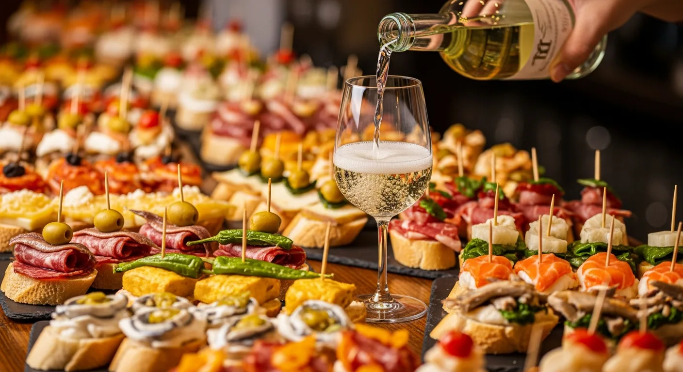 Pintxos vascos en la barra de un bar de la Parte Vieja de Donostia, acompañados de una copa de txakoli servida con un buen chorro