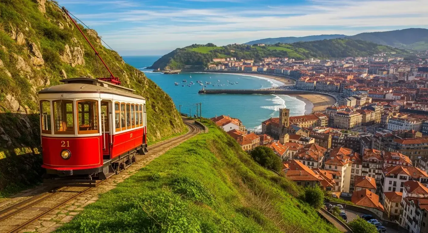 Funicular histórico de madera de 1912 que sube a la cima del monte Igueldo en San Sebastián