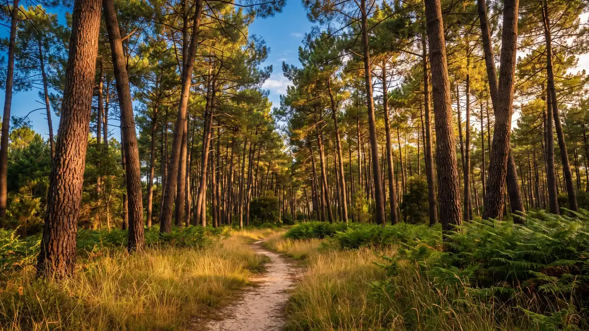 Altos pinos marítimos de tronco rojizo sobre un tapiz de helechos, un sendero arenoso bañado por la luz dorada