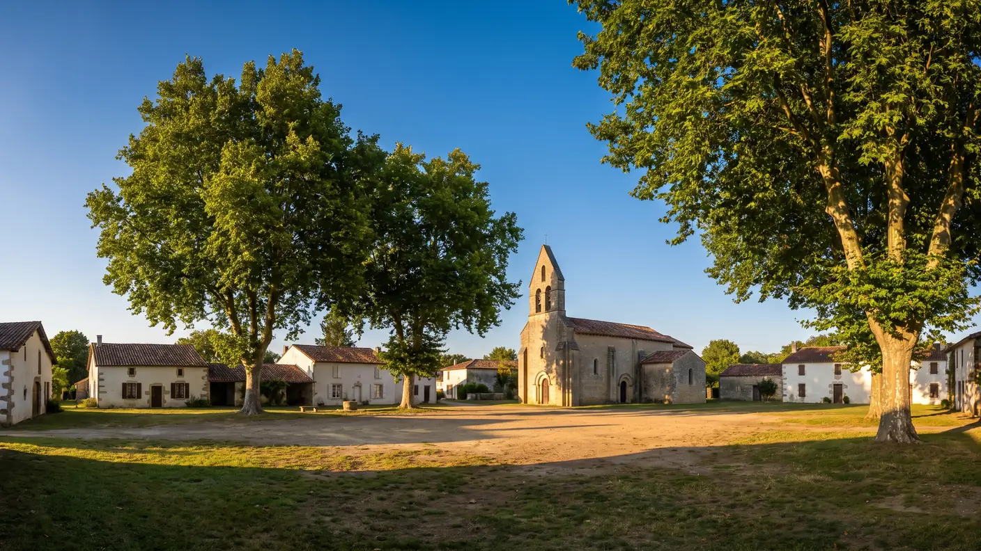 Una modesta iglesia de piedra con un campanario sencillo y casas bajas típicas de las Landas alrededor de una plaza sombreada