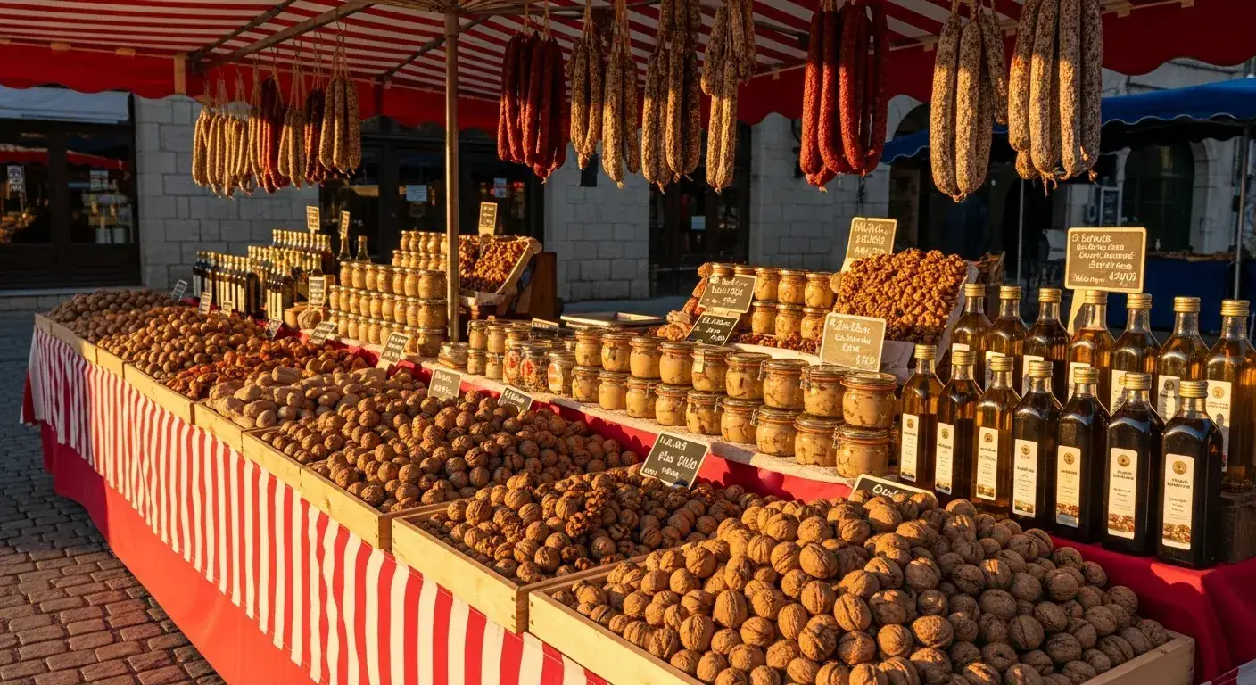Mercado tradicional del Périgord Noir con foie gras, nueces con DOP, trufas y vinos de Bergerac