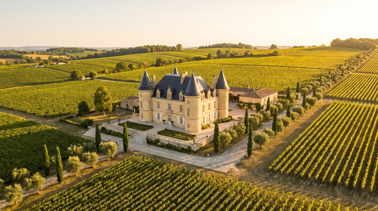 Gran castillo vinícola de piedra clara con tejados de pizarra, rodeado de viñedos bien cuidados, cerca de Sauternes