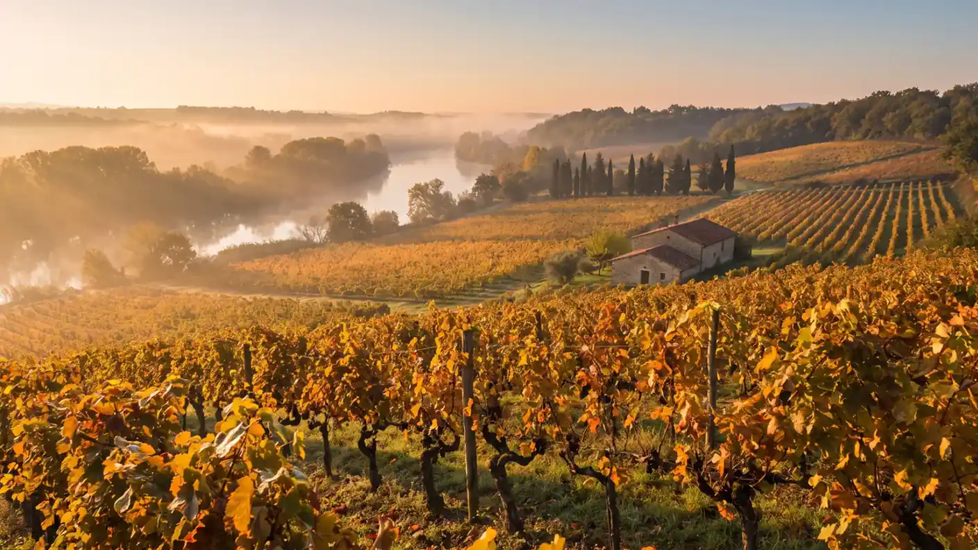 Viñedos de Sauternes bajo una bruma matinal dorada cerca de Sauternes, hojas otoñales de color ámbar, rocío y luz tenue