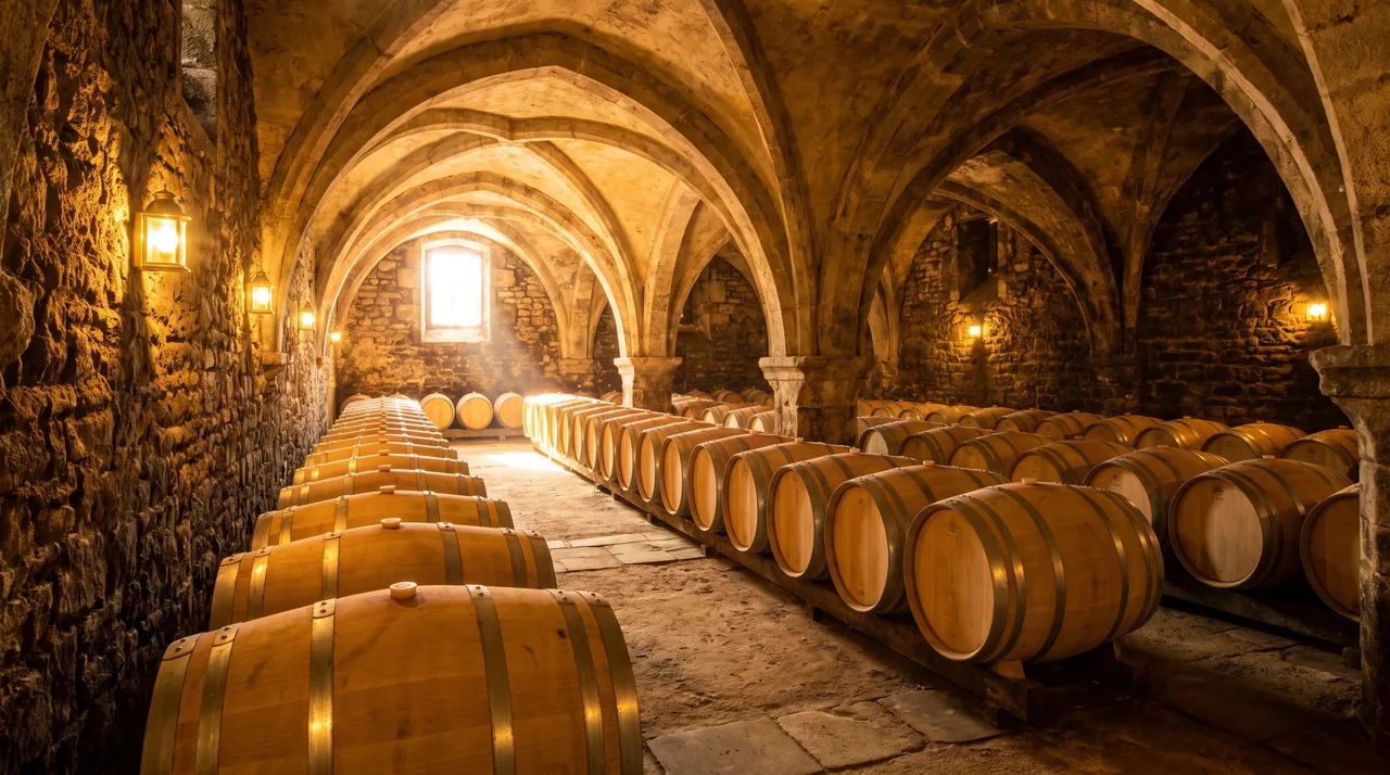 Hileras de barricas de roble nuevas alineadas en una bodega abovedada de piedra en Sauternes, con una luz cálida y tenue