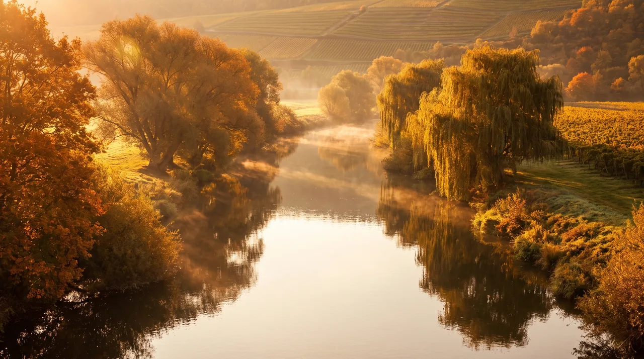 Pequeño río tranquilo que serpentea entre orillas boscosas cerca de Sauternes al atardecer, con el agua reflejando la luz del sol