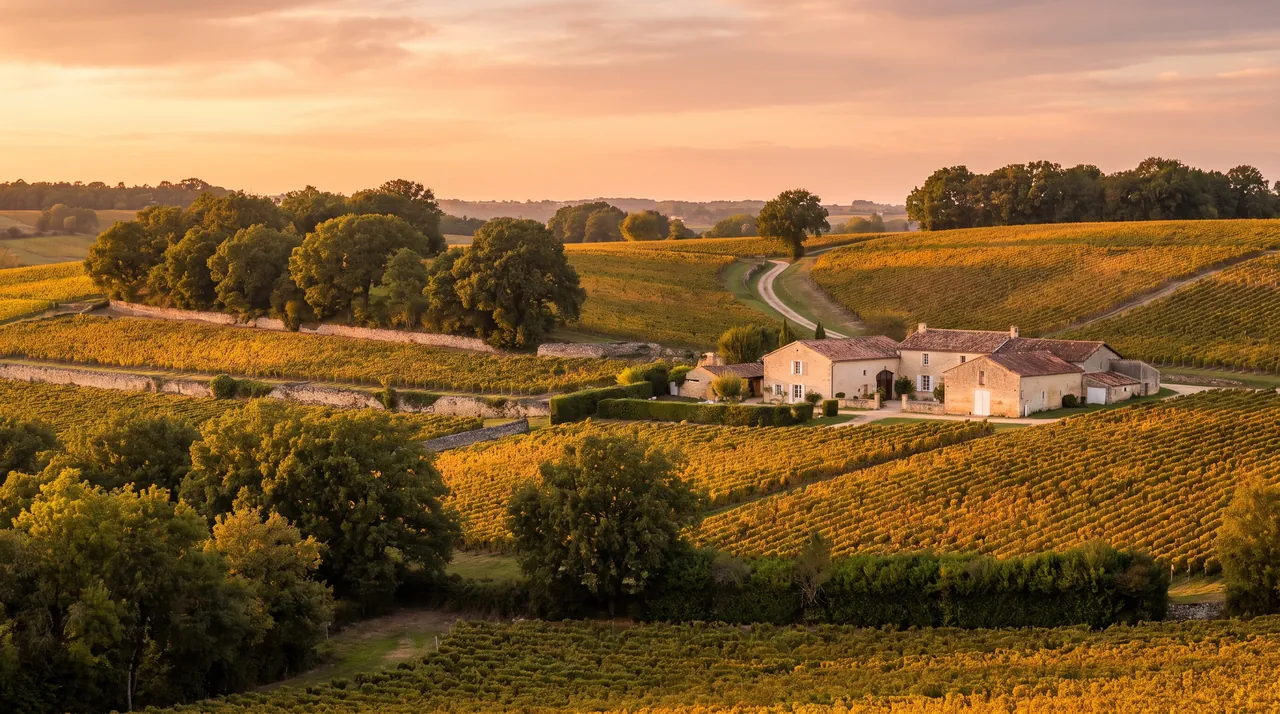 Laderas de viñedos de Sauternes al atardecer, cerca de Sauternes, con hileras doradas que se extienden en terrazas hasta un horizonte boscoso