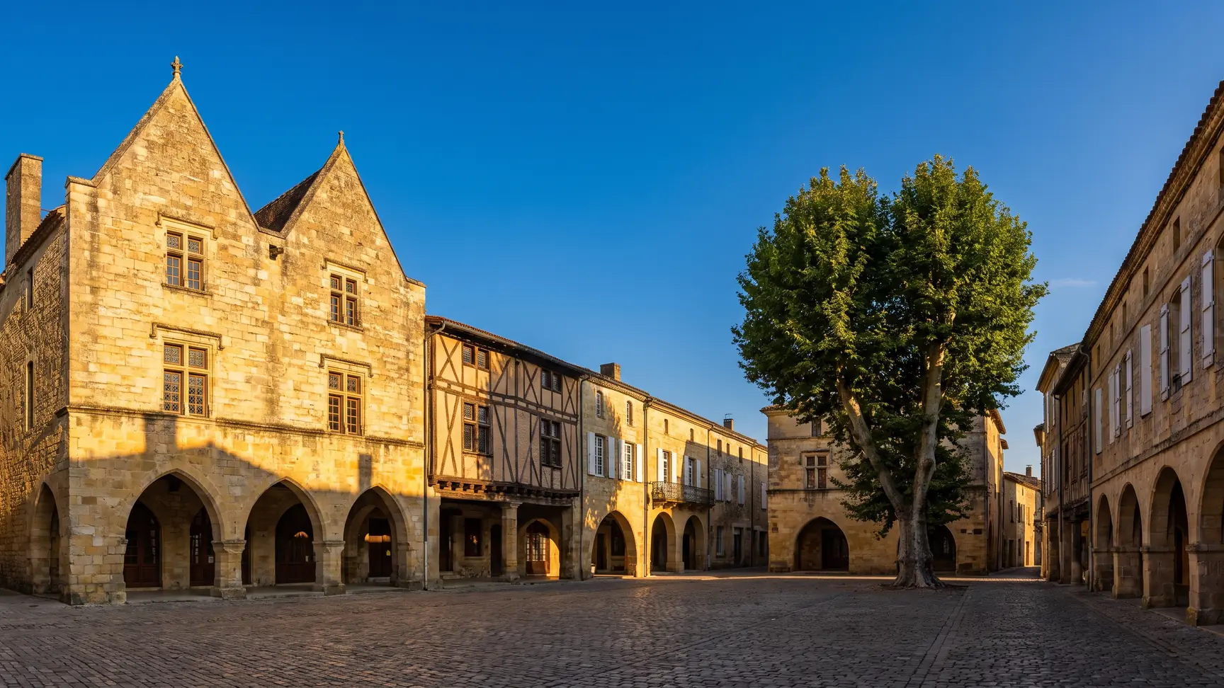 Una plaza medieval rodeada de arcadas de piedra y casas antiguas en una bastida de la región de Entre-deux-Mers