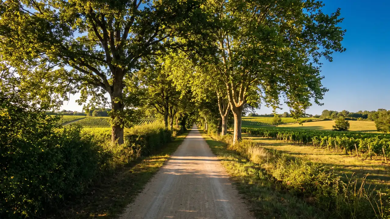Una vía verde bordeada de árboles, una antigua vía férrea reconvertida en carril bici, en la campiña de Entre-deux-Mers