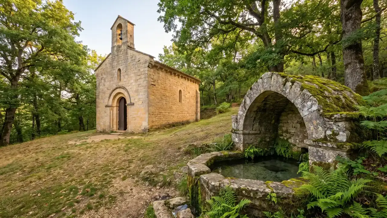 Ilustración de la capilla y la fuente de Montguyard