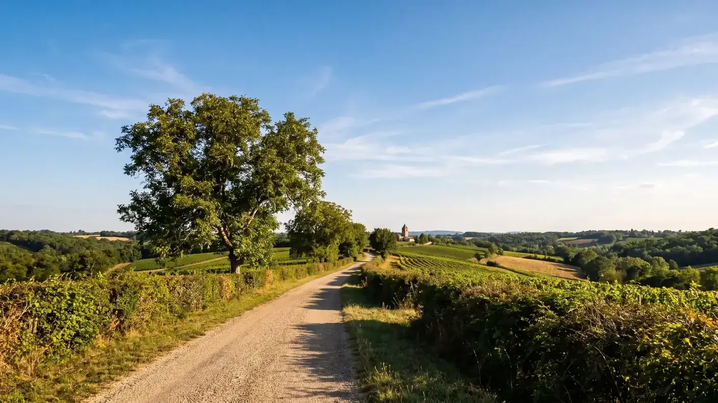Las crestas y colinas de la región de Bergerac, en los alrededores de Serres-et-Montguyard (Dordoña) — destino del traslado privado Burdeos → Serres-et-Montguyard