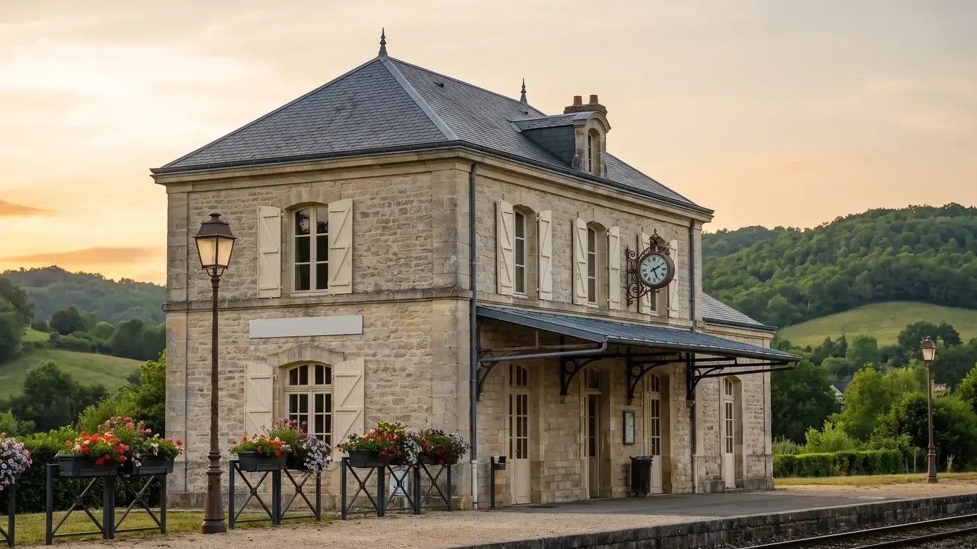 Pequeño edificio de pasajeros de una estación de pueblo, construido en piedra, con tejado de pizarra y andén adornado con flores, que recuerda a la estación de Siorac