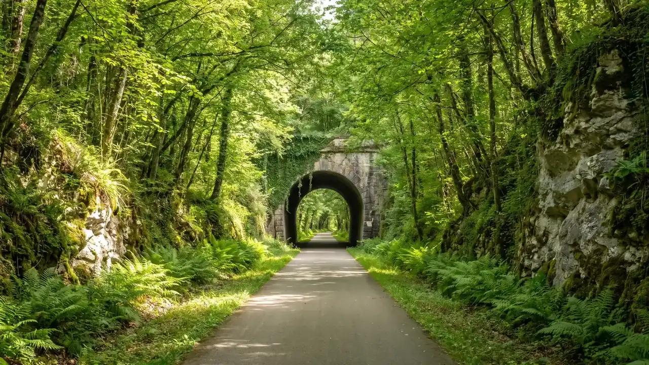 Vía verde sombreada que discurre por una antigua vía férrea y conduce a un túnel de piedra