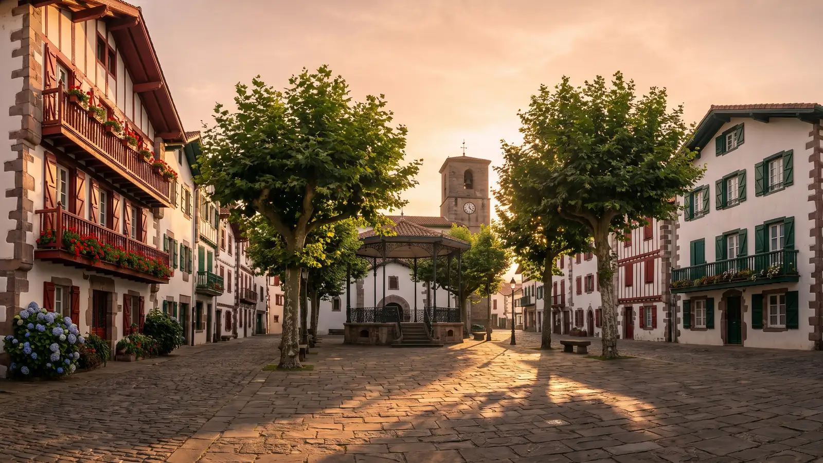 Plaza rodeada de casas vascas en el centro de Saint-Jean-de-Luz