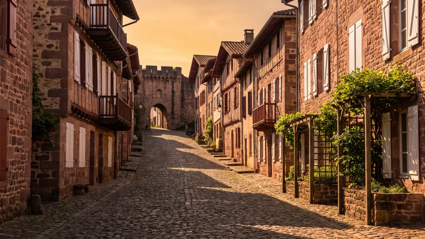 Calle de la Ciudadela y casas de arenisca rosa en Saint-Jean-Pied-de-Port