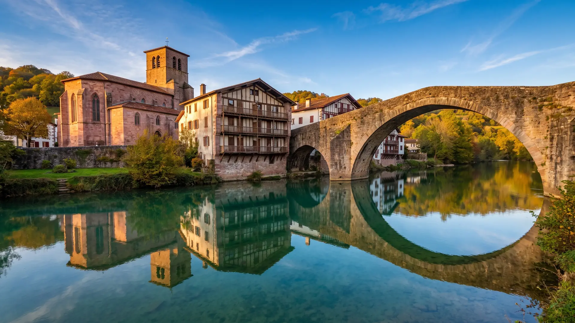 Puente de Notre-Dame, el río Nive y la iglesia de Saint-Jean-Pied-de-Port