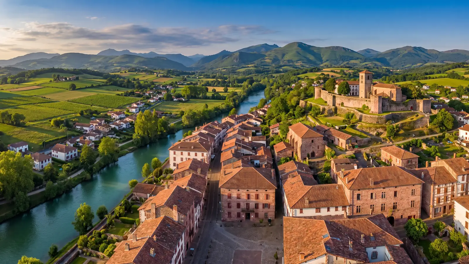 Vista panorámica de Saint-Jean-Pied-de-Port, su ciudadela y los Pirineos