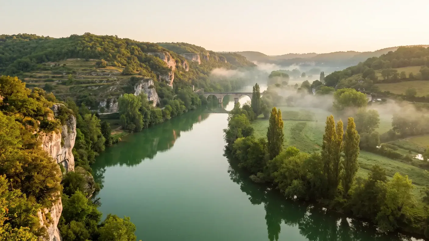 El valle del Dordoña, cerca de Souillac, a las puertas del Quercy — destino del traslado privado Burdeos → Souillac