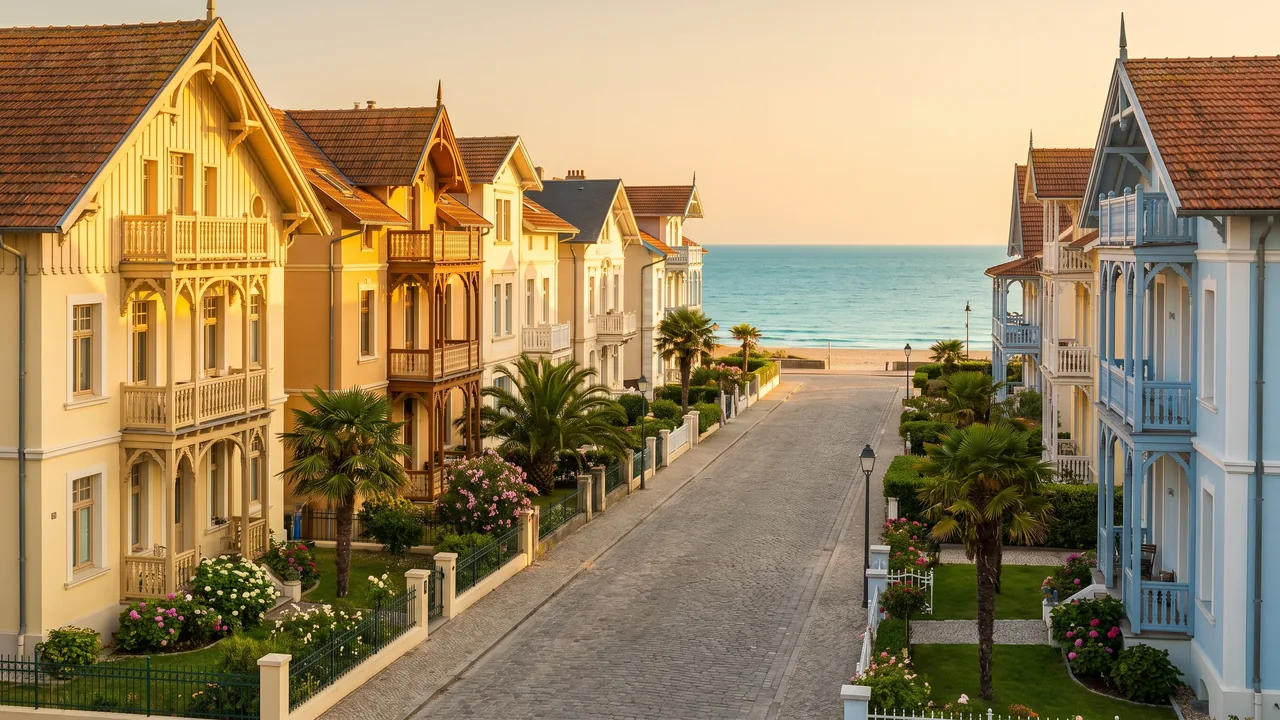 Calle desierta de villas costeras de la Belle Époque en Soulac-sur-Mer, con fachadas en tonos pastel, balcones de madera y pequeños jardines