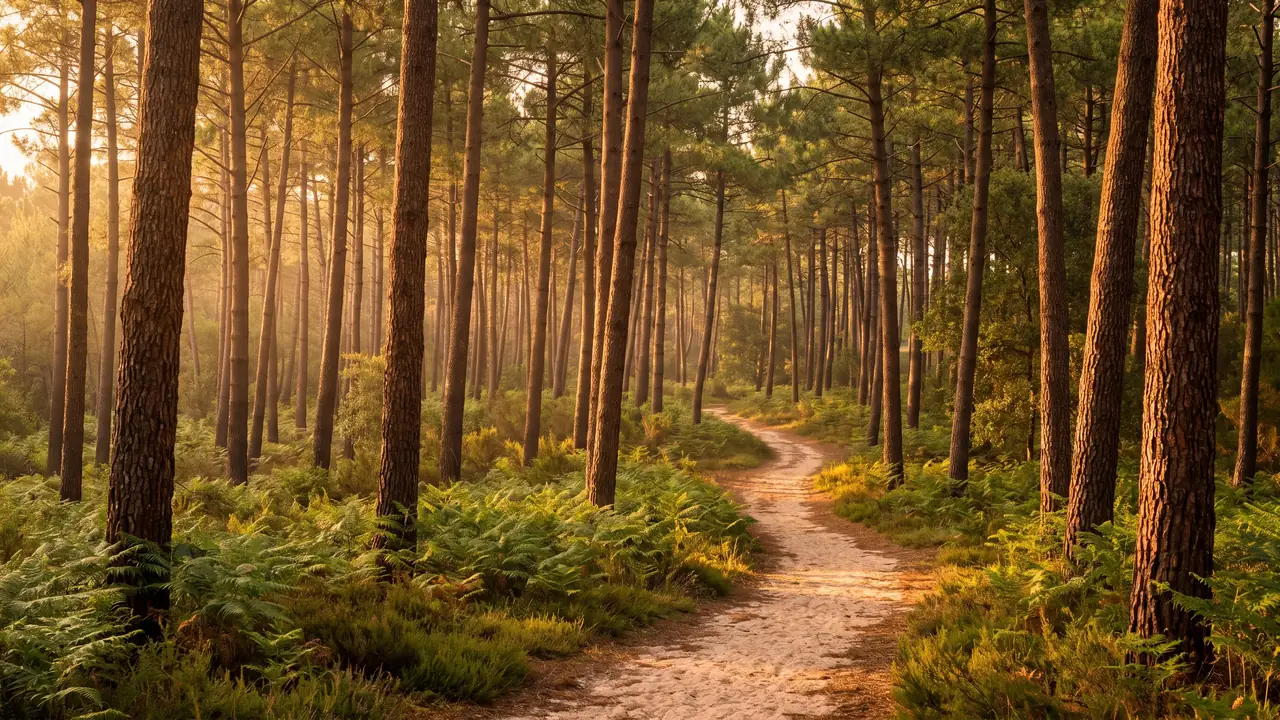 Bosque de pinos marítimos del Médoc, cerca de Soulac-sur-Mer, con troncos esbeltos