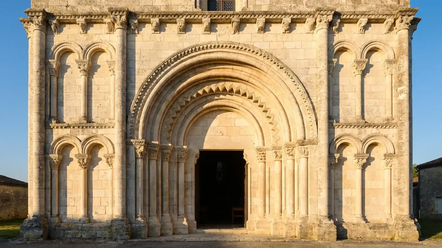 Pórtico románico de ocho arcos de la iglesia de Saint-Privat-des-Prés