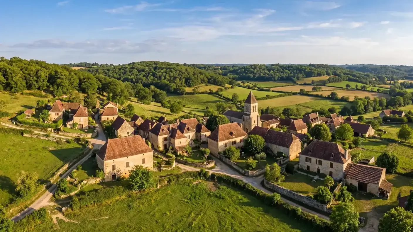Casas de piedra y el campanario de Saint-Privat-des-Prés, en la región de Ribérac