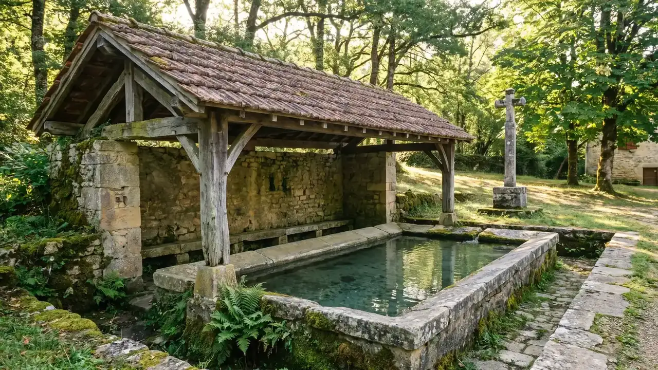 Lavadero de piedra y manantial en Saint-Privat-des-Prés