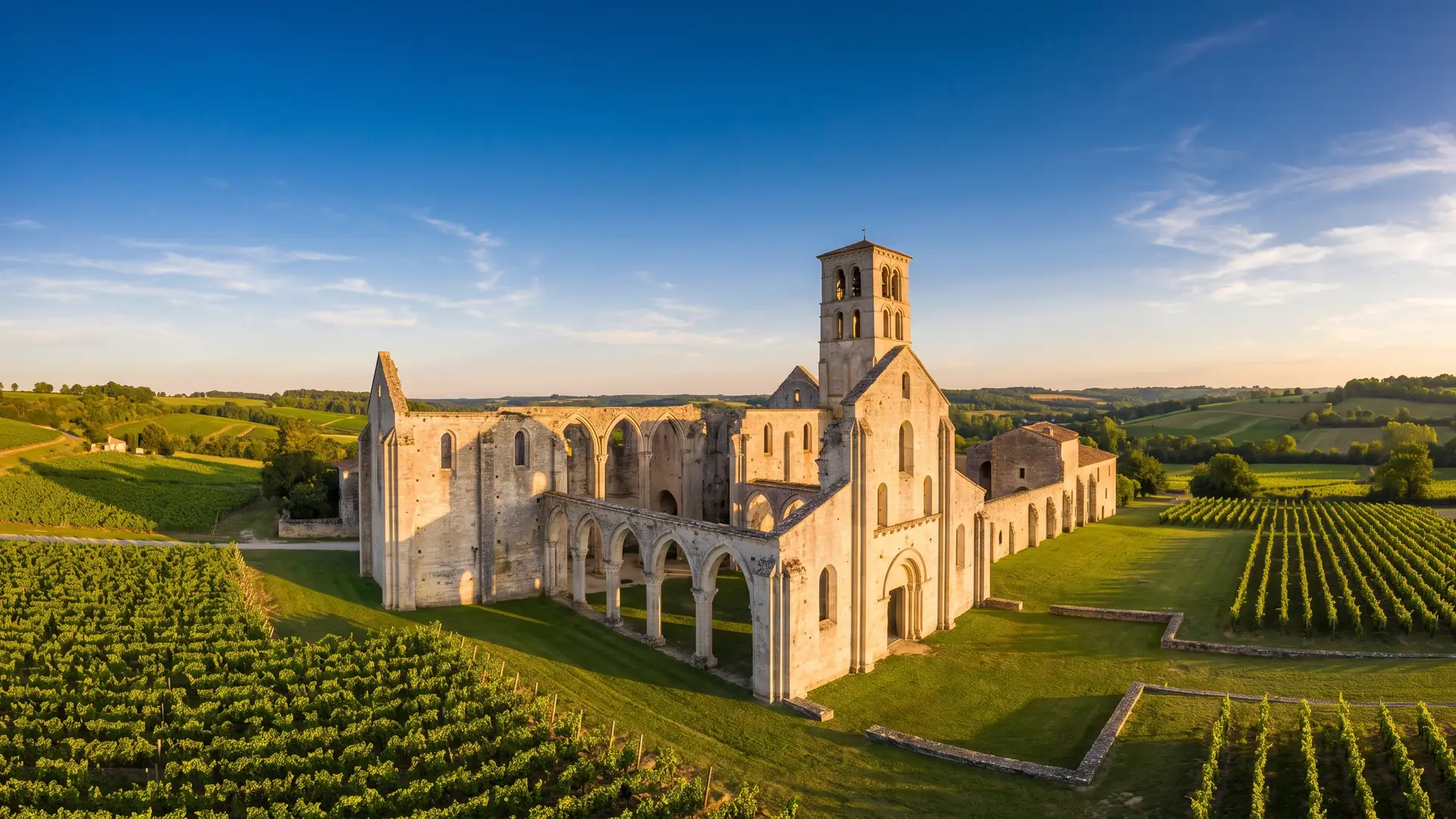 Las ruinas de una capilla románica de piedra dorada entre los viñedos de Entre-deux-Mers, con arcadas sin techo