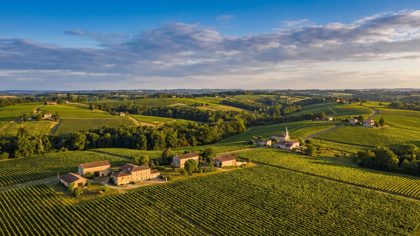 The view of the Entre-deux-Mers vineyards around Targon — destination of the private transfer from Bordeaux to Targon