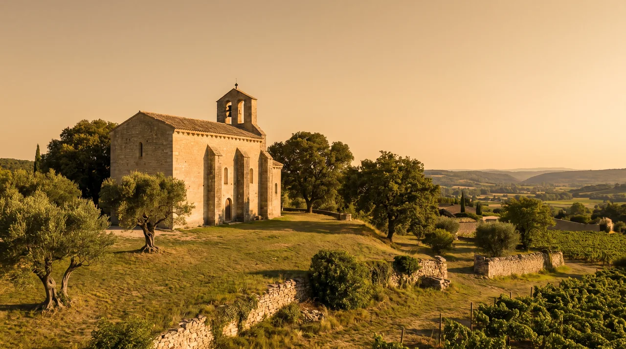 Iglesia románica de pueblo, construida en piedra clara, con cabecera plana y cuadrada, contrafuertes y campanario en Tizac-de-Curton, luz cálida