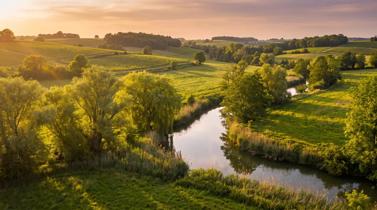 Pequeño arroyo arbolado que serpentea por un verde valle de Entre-deux-Mers, cerca de Tizac-de-Curton, con aguas resplandecientes y sauces