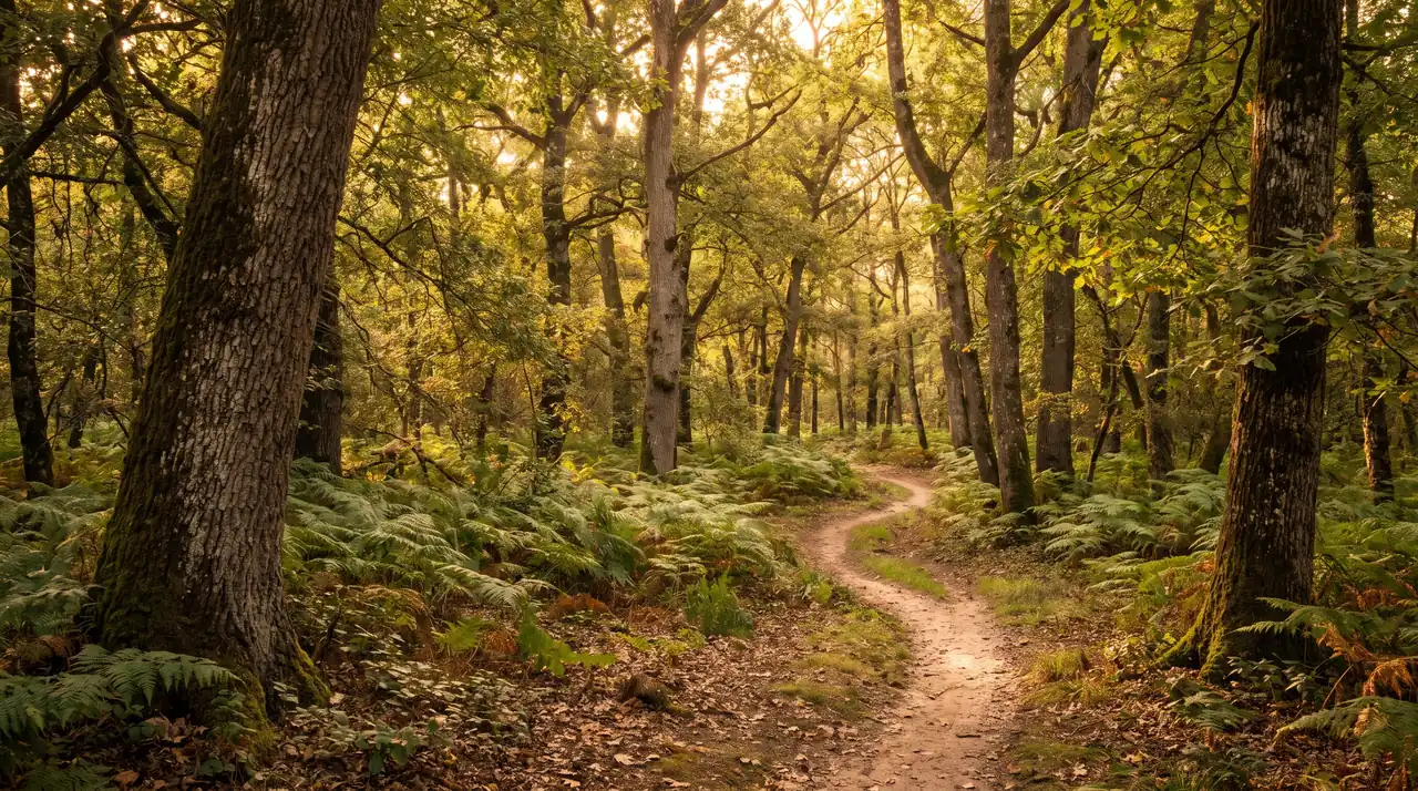 Bosques de robles y castaños cerca de Tizac-de-Curton, bañados por una luz cálida, con un tapiz de helechos y un sendero