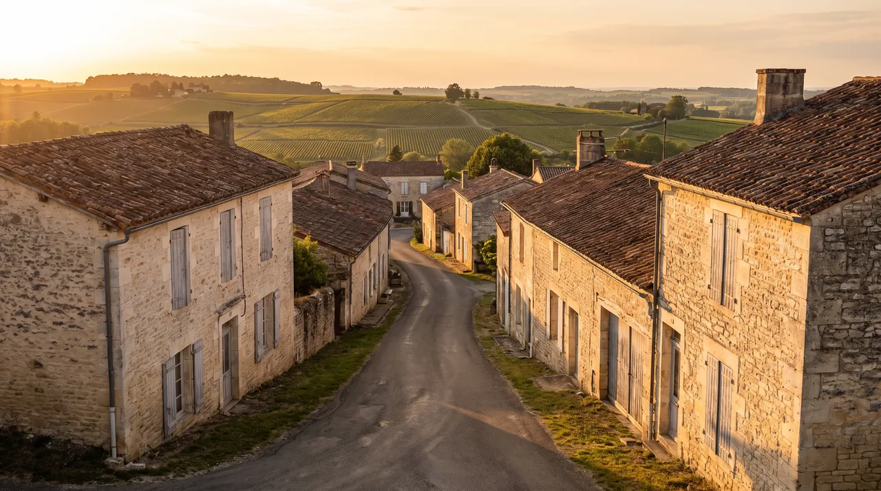Callejuela tranquila de una aldea de piedra cerca de Tizac-de-Curton, casas luminosas con contraventanas, sin coches ni transeúntes