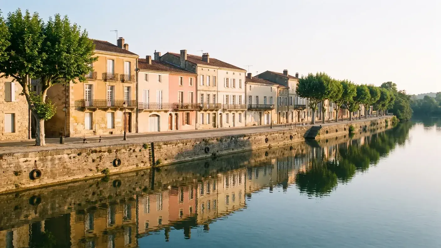Los muelles de Tonneins a orillas del Garona, una hilera de casas antiguas con balcones que dan al río, plátanos