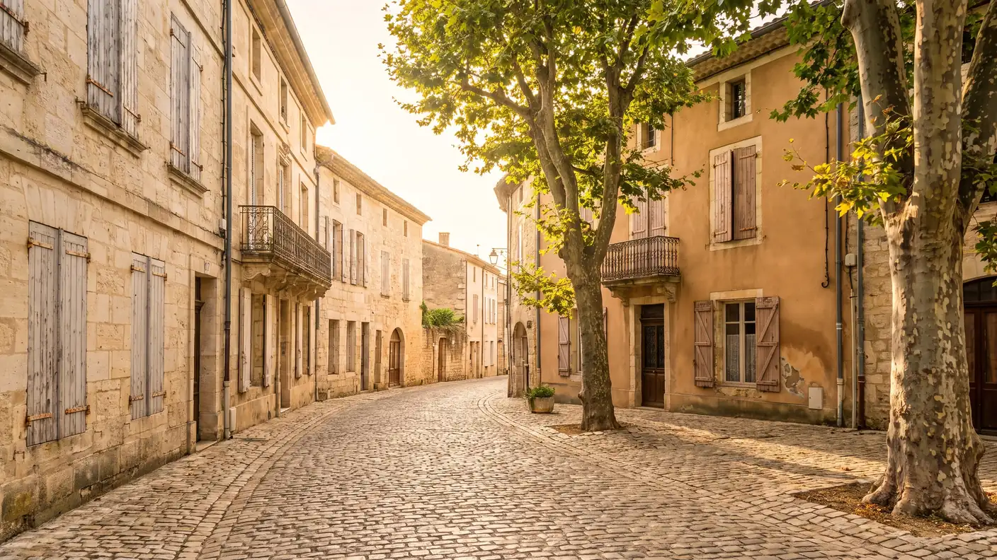 Una calle antigua de Tonneins flanqueada por casas de piedra y ladrillo con contraventanas y balcones de hierro forjado