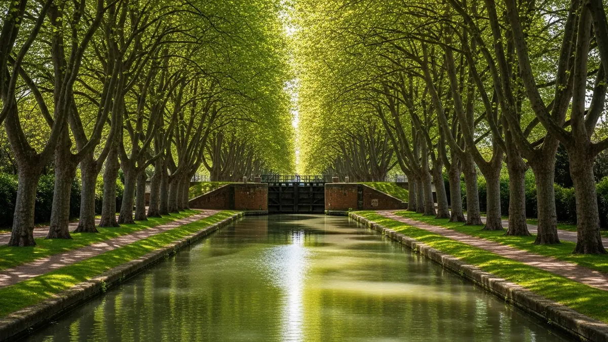 Le canal du Midi à Toulouse par un matin lumineux, eau immobile bordée de deux rangées de grands platanes formant une voûte de feuillage, lumière tachetée sur la surface, écluse ancienne en pierre usée, chemins de halage déserts