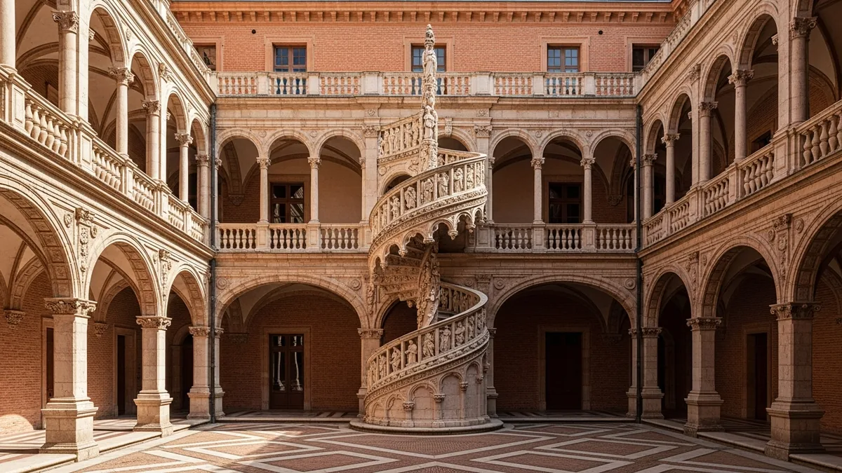 Cour intérieure Renaissance d'un hôtel particulier toulousain, murs de brique rose et pierre claire sculptée, galeries à arcades superposées et tour d'escalier ouvragée, pavage géométrique, lumière d'après-midi rasante sur la brique, cour entièrement déserte