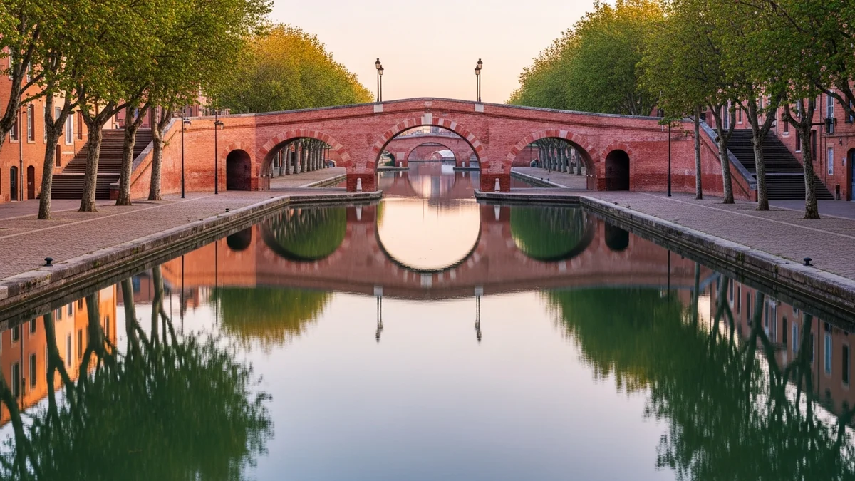 Bassin d'eau calme bordé de quais de brique rose à Toulouse au lever du soleil, ponts bas en arc de cercle se reflétant parfaitement dans l'eau, grands arbres alignés sur les berges de pierre, lumière dorée rasante sur la maçonnerie