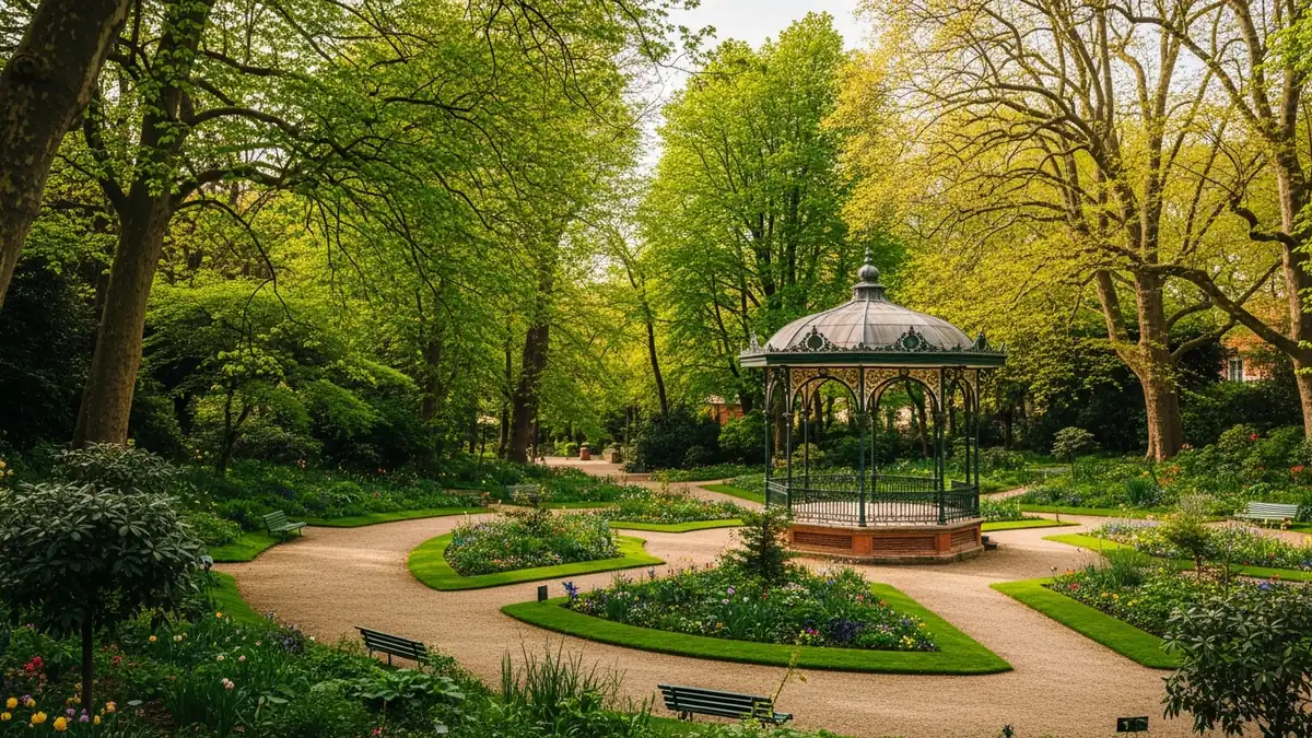 Jardin botanique de Toulouse à la fin du printemps, larges allées de gravier serpentant entre de très grands arbres centenaires, pelouses tondues et massifs fleuris, kiosque à musique en fonte ouvragée, lumière dorée filtrée par le feuillage, allées désertes