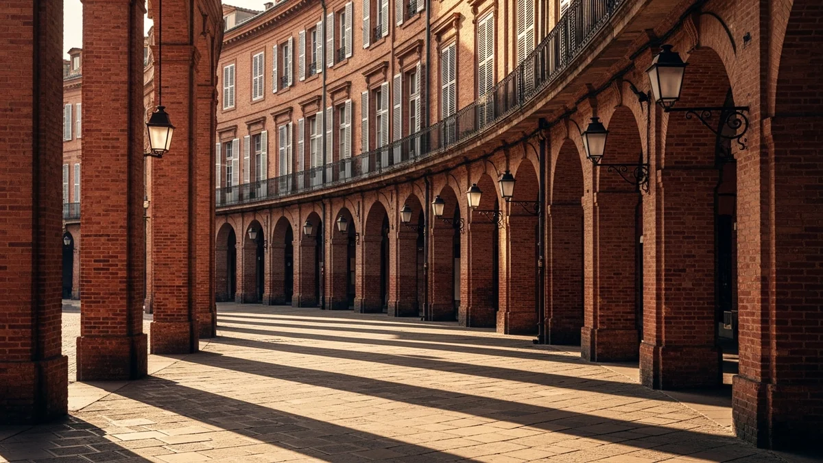 Place à arcades du vieux Toulouse au petit matin, longue enfilade d'arches en brique rose projetant des ombres profondes sur un pavage de pierre usé, fenêtres à volets et balcons de fer forgé au-dessus de la colonnade, lumière chaude et rasante, aucune présence